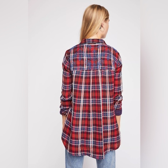 Free People Magical Plaid Buttondown Embroidered Flannel Top - Picture 3 of 11